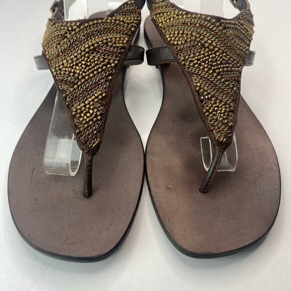 Matisse Women's Dina Brown Leather Gold Beaded Thong Sandals Size 9 - Picture 6 of 12